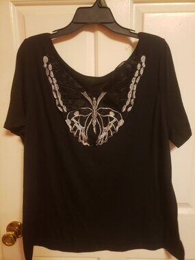 BloomChick Black Top Embroidered Butterfly.